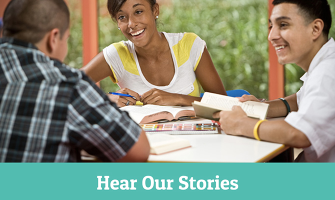 From GenTX website: Image of diverse students laughing and studying labeled hear our stories