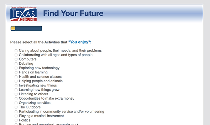Screenshot of quiz suggesting activities one might enjoy