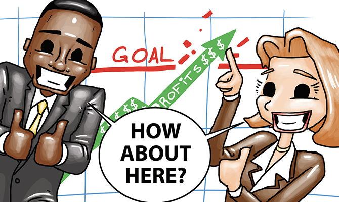 Dibujos animados de gente de negocios apuntando al gráfico de ganancias