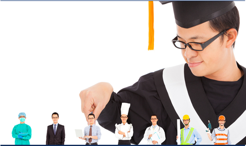 Man in graduation cap selecting from tiny versions of himself as doctor, businessman, chef and construction worker