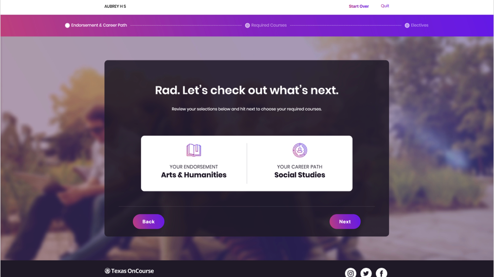 Screenshot from the Texas OnCourse webinar on endorsements and course planning