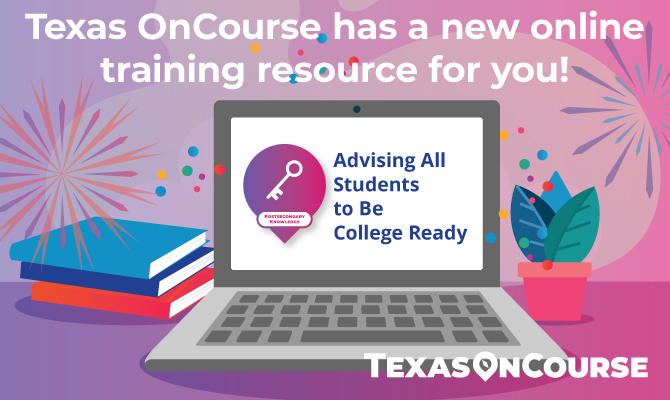 Graphic with open computer with badge and text on the screen, surrounded by books, a plant, and fireworks