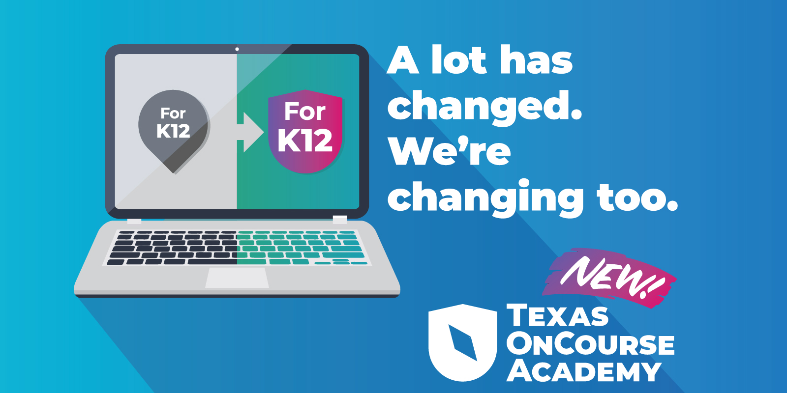 Graphic with open laptop and two badges, one in black and white and one in color